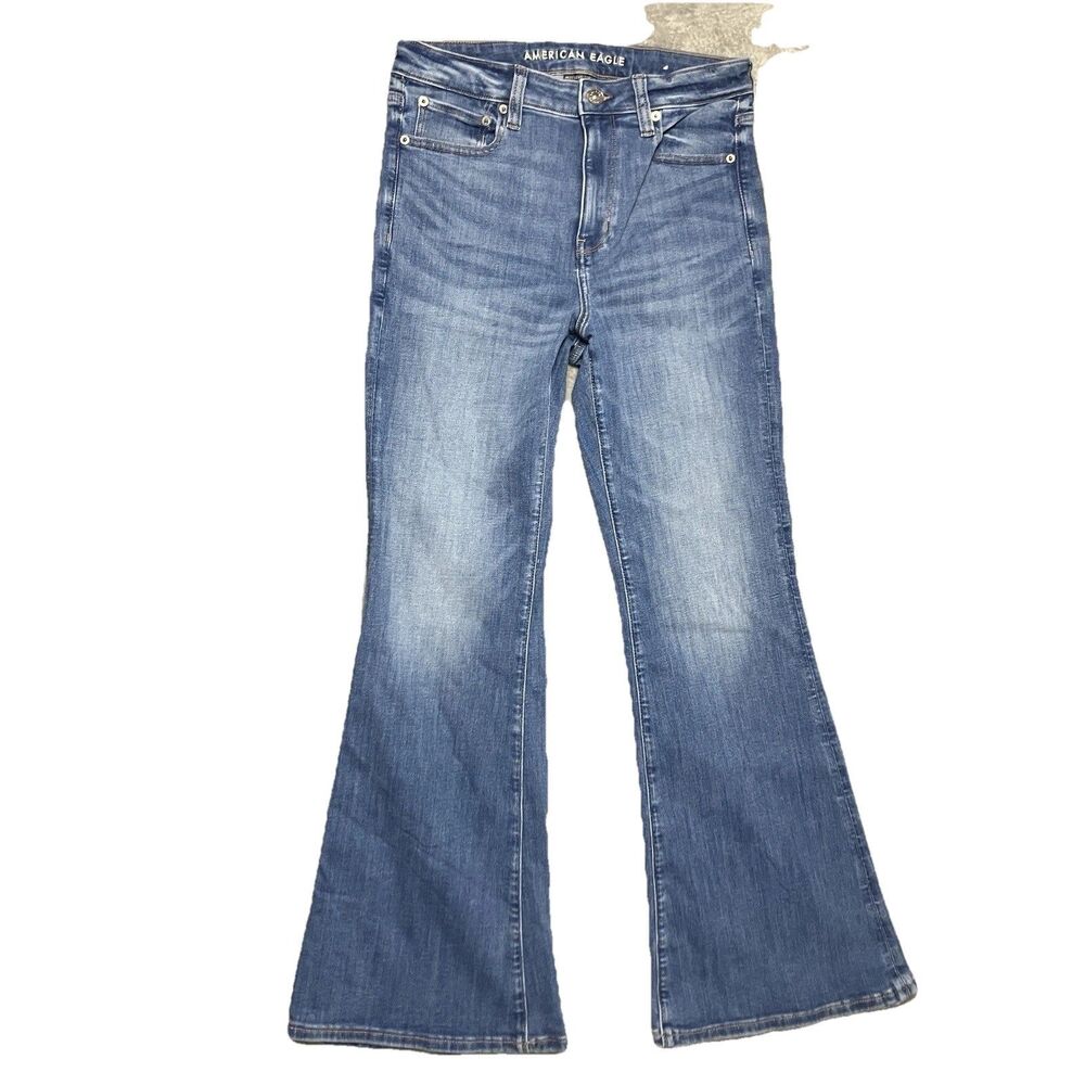 American Eagle‎ Jeans Womens 8 Short Blue Super Hi Rise Flare Light Wash Denim